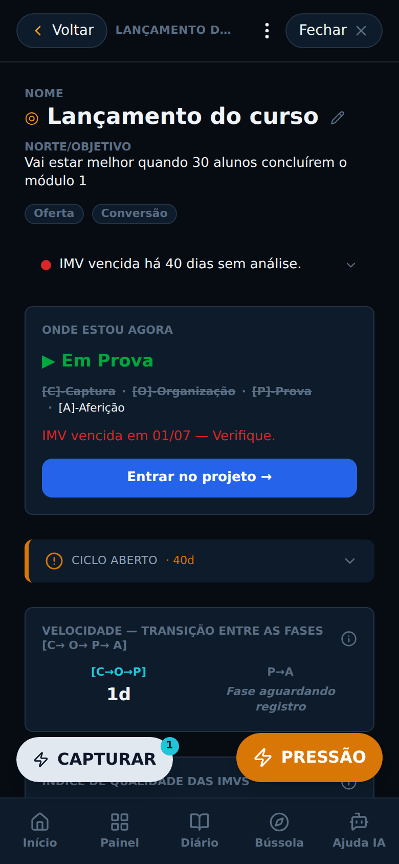 Dashboard do projeto mostrando o Norte, o gargalo atual, a fase e a capacidade acumulada.