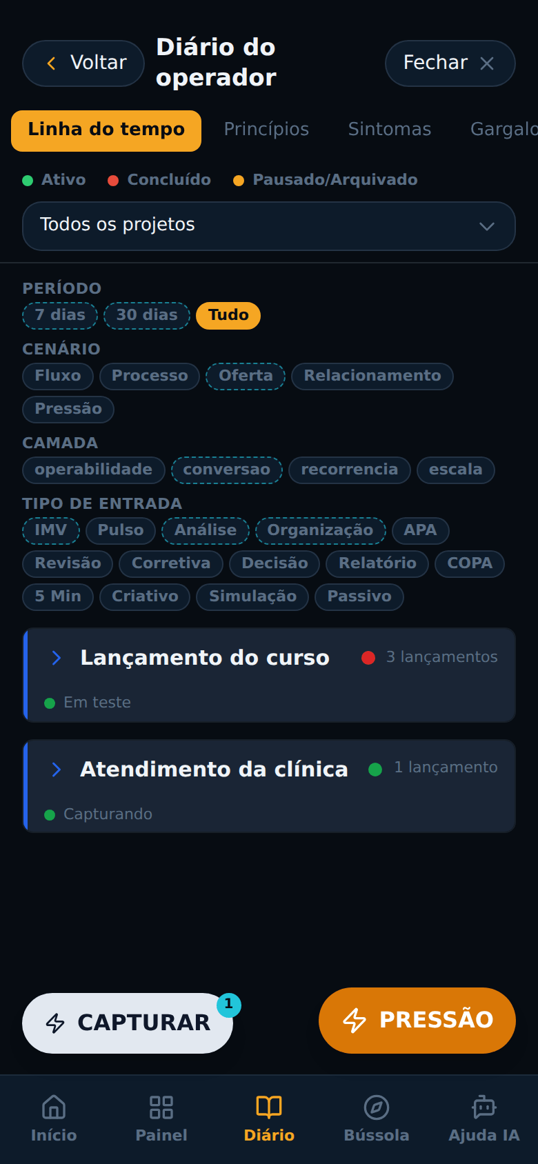 Diário do Operador, aba Linha do Tempo: filtros por período, cenário, camada e tipo de entrada, com os projetos do operador listados abaixo.