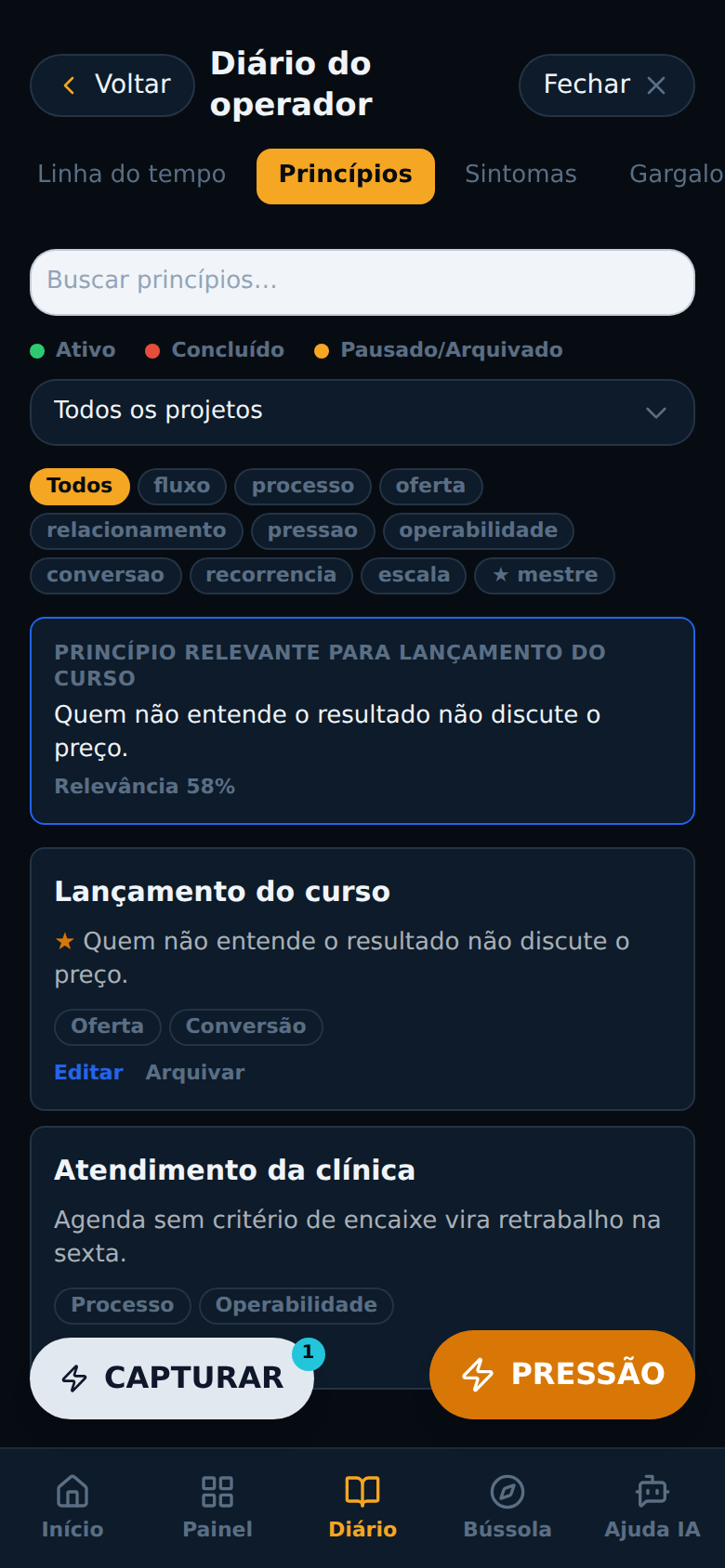 Banco de Princípios com filtros por categoria e cards de princípios extraídos.